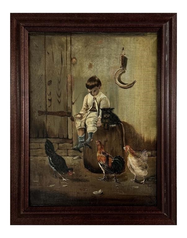 OIL / CANVAS AMER. SCHOOL "SAFE FROM THE ROOSTER"