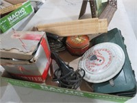BOX OF VINTAGE IRONS, POTS & MISC.