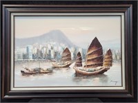 Original Oil on Canvas Harbor Scene by P. Wong