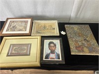 5pc Art: Villagers, Portrait, Rug, Disney Pins etc