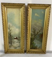 Pair of gilt-framed oil on board paintings