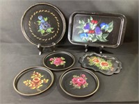 Vintage Metal Hand Painted Glowers Serving Trays