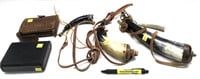 Lot, 3 powder horns and 2 leather ammo pouches