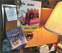 Coca-Cola Tin Sign, Cork Board & Contents