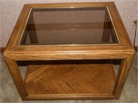 Vtg Glass Top Herringbone Pattern Wood End Table