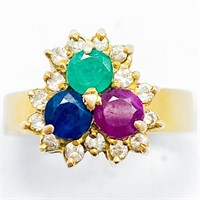 Emerald, Sapphire, Ruby & Diamond Yellow Gold Ring