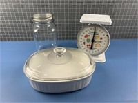 LARGE CORNING WARE DISH, ITALIAN JAR & OLD SCALE