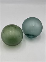 2 Japanese Fishing Floats Glass Green Blue