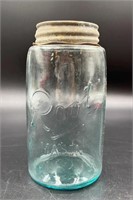 Antique Aqua Roots Quart Fruit Jar