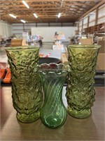 (3) Green Cut Glass Vases