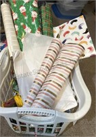 Laundry Basket with Wrapping Paper Ribbons and