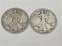 2- 1939 S Walking Liberty Silver Half Dollar Coins