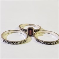 $160 Silver Lot Of 3 Stacking Garnet Marcasite Rin