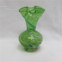 Art Glass Hand Blown Vase w / Ruffled Neck