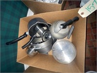 Box of Kitchen Cookware-Pots Pans Tea Kettle