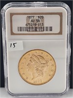 1877 $20 Gold Double Eagle NGC AU58