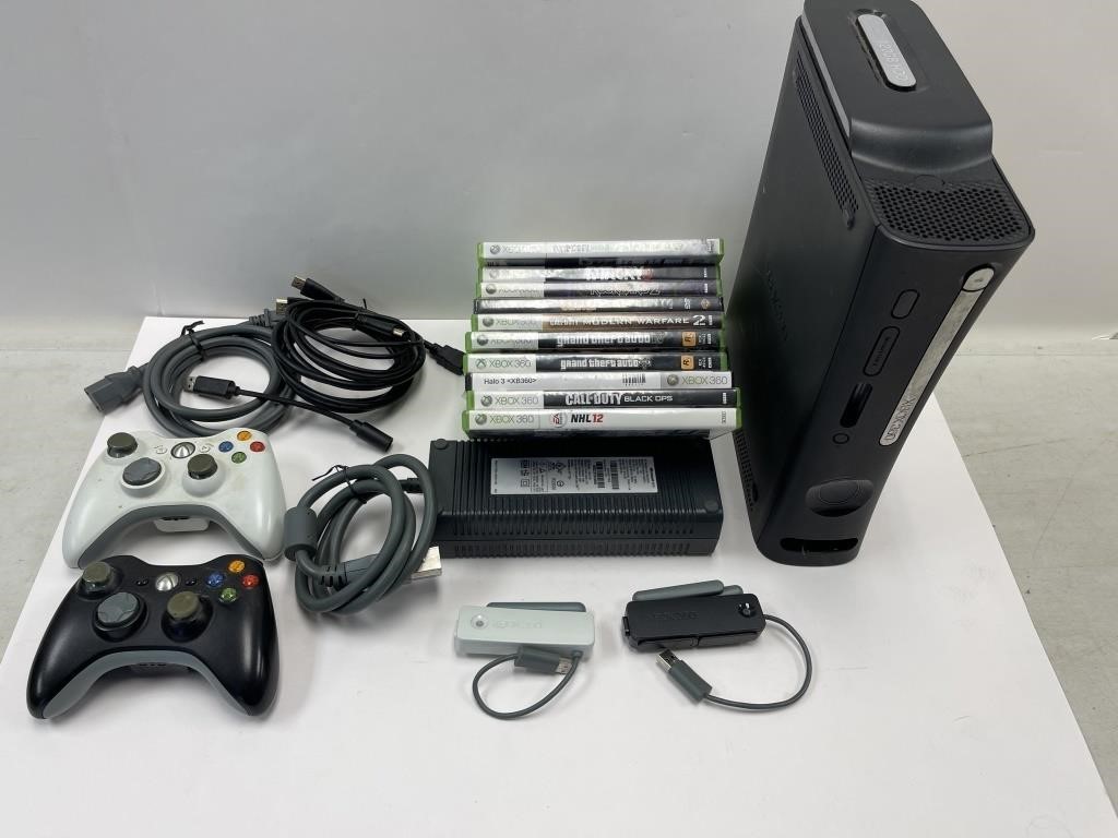 XBOX 360 SYSTEM, CONTROLLERS, & 10 GAMES
