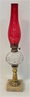 UNUSUAL ANTIQUE OIL LAMP W RUBY RED CHIMNEY
