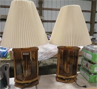 pair of oak/glass table lamps w/shades