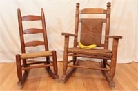 Pair Children's Rocking Wood & Rush Chairs