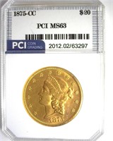 1875-CC Gold $20 MS63 LISTS $50000