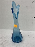 Mid Century Blue Glass Bud Vase. 10in H.