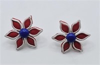 Vintage Red White & Blue Enamel Flower Earrings