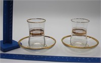 2 Gold Aperitif Glasses with Saucers