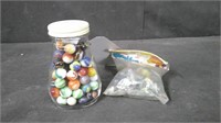 JAR AND BAG WITH MARBLES