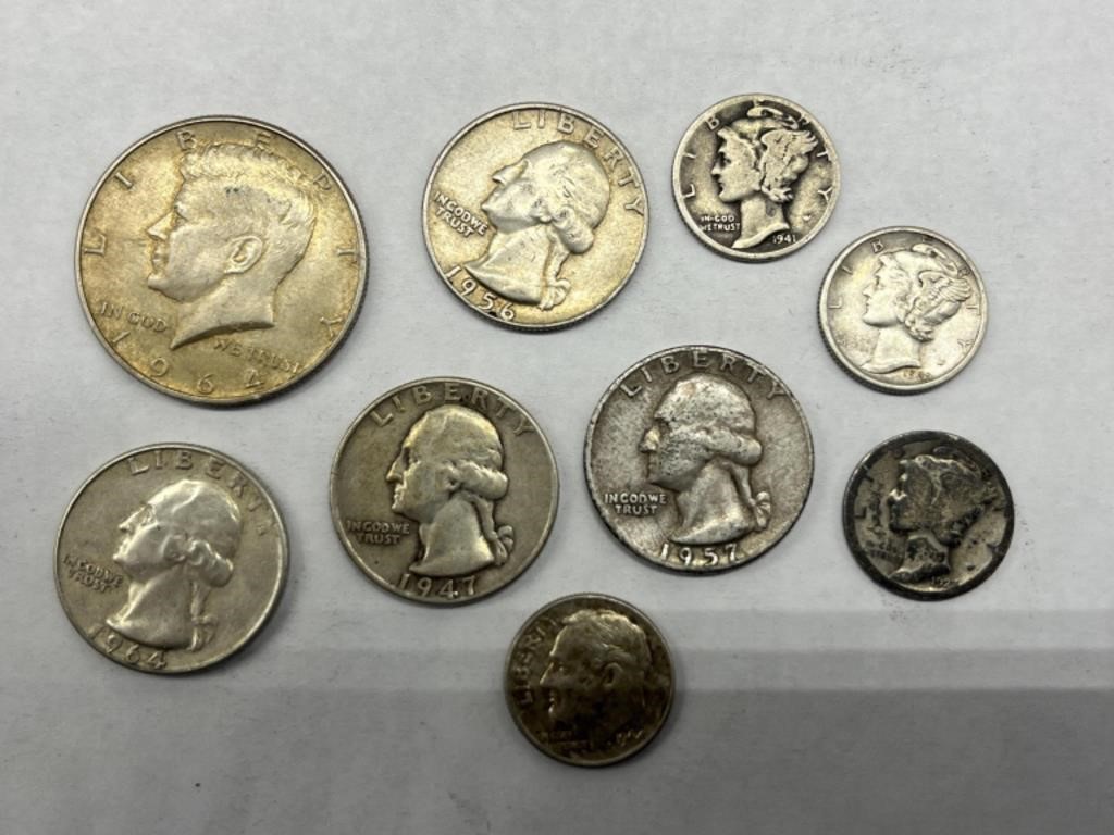 Group Mixed Silver Coins Dimes, Half Dollars, etc