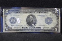 1914 LARGE $5 FEDERAL RESERVE NOTE FEDERAL