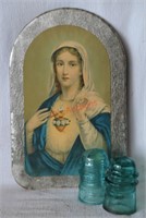 Antique Virgin Mary Print & 2 Antique Insulators