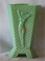 Art Deco Tri-Corner Jadeite Vase w. Nude Relief
