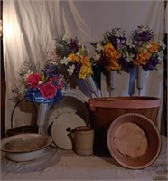 Enamelware, Bushel Basket, Cemetery Flowers