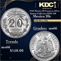 1942 Mexico 20 Centavos Silver Santos Collection K