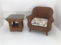 WICKER CHAIR WITH CUSHION AND WICKER END TABLE