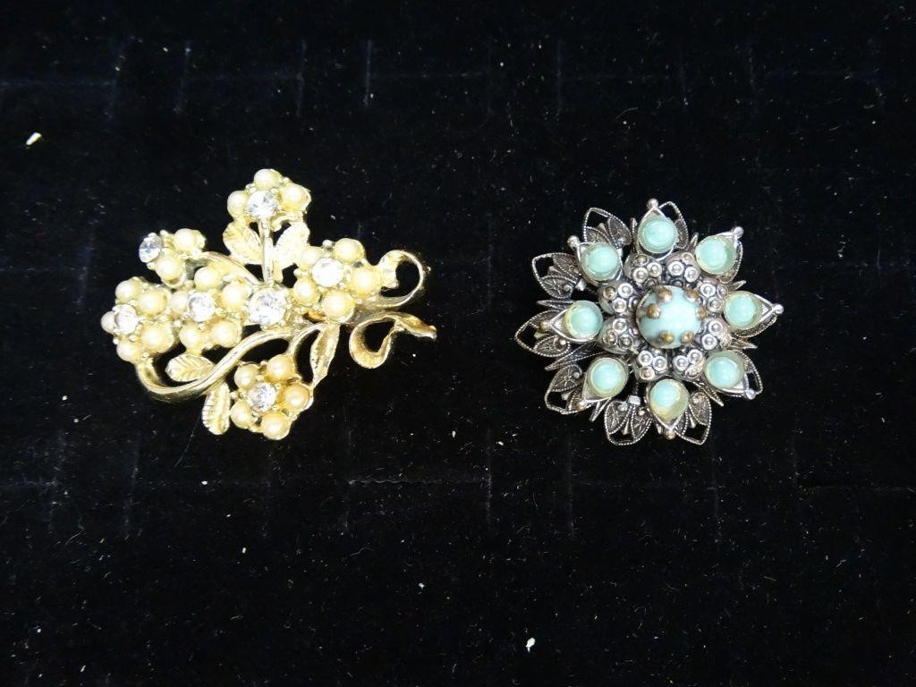 Vintage Turquoise & Pearl Brooches