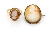 Gold and carved shell cameo ring