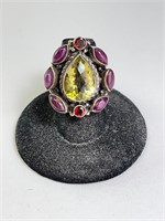 Large Sterling Citrine/Garnet/Ruby Ring 18 Grams