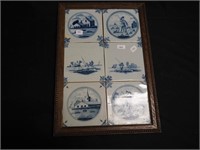 Nine delft and delft-style tiles, six are in a
