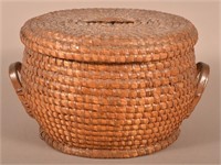 Large Antique PA Rye Straw Covered Coil Basket.