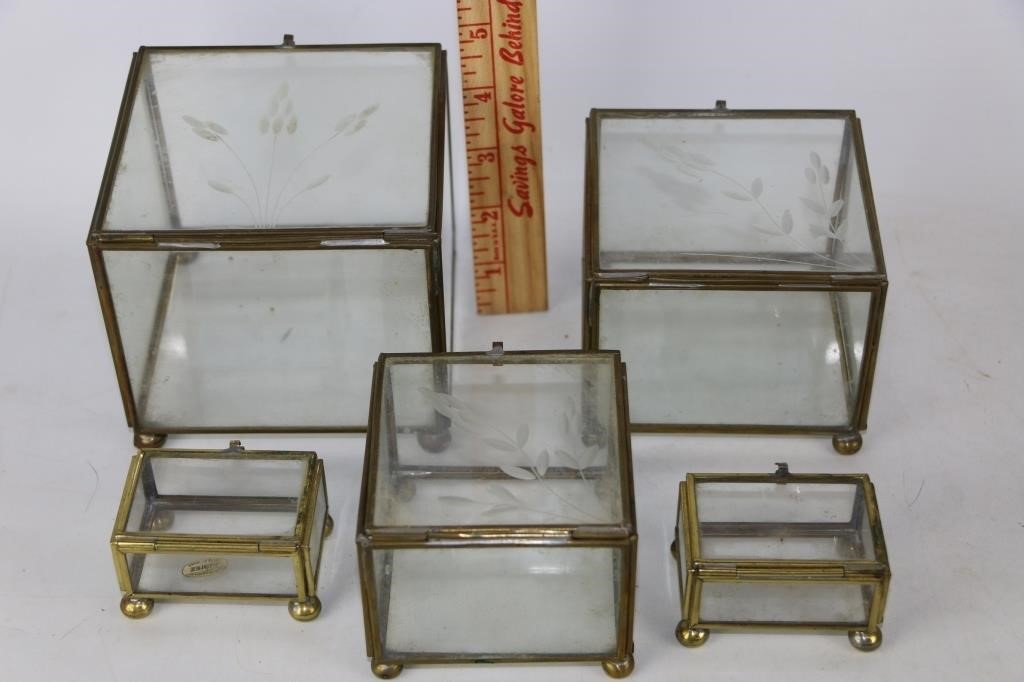 Set of 5 Etched Glass & Brass Lidded Boxes