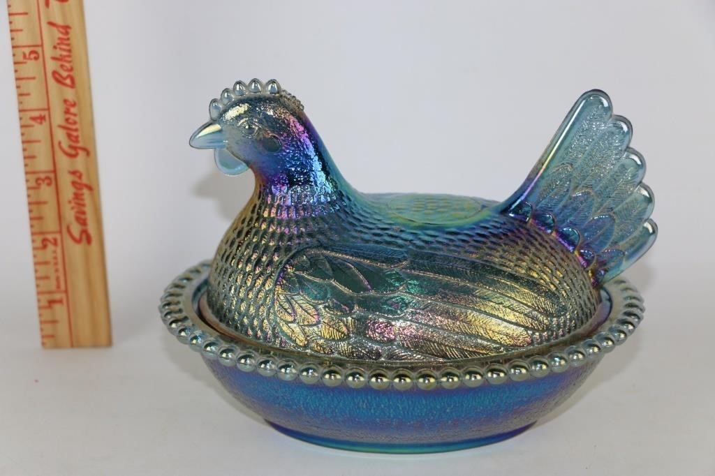 Vtg Indiana Blue Carnival Glass Hen on Nest