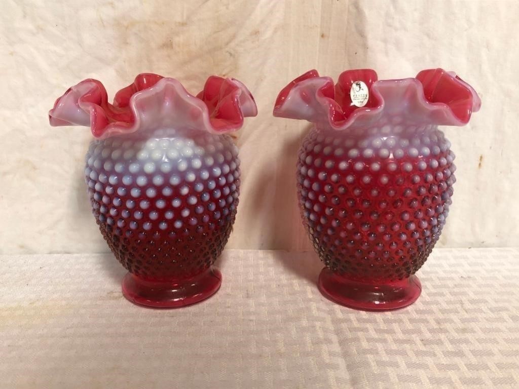 Fenton Cranberry Hobnail Vases (Pair)