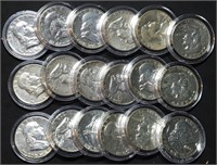 18 Franklin Silver Half Dollars in Capsules