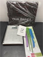 Mixed lot; our babies tote; calculator notebook &