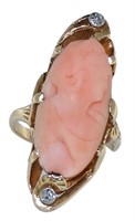 14kt Gold Carved Cameo & Diamond Antique Ring