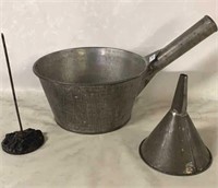 VINTAGE FUNNEL, PAN W/HANDLE AND TICKET HOLDER