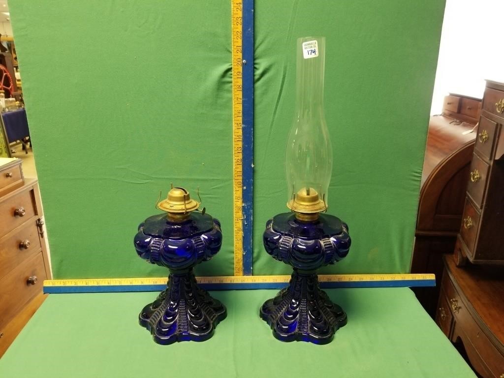 2 COBALT BLUE PULLED FEATHER KEROSENE LAMPS
