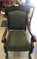 CLAW FOOT ARM CHAIR UPHOLSTERED, SHOWS WEAR